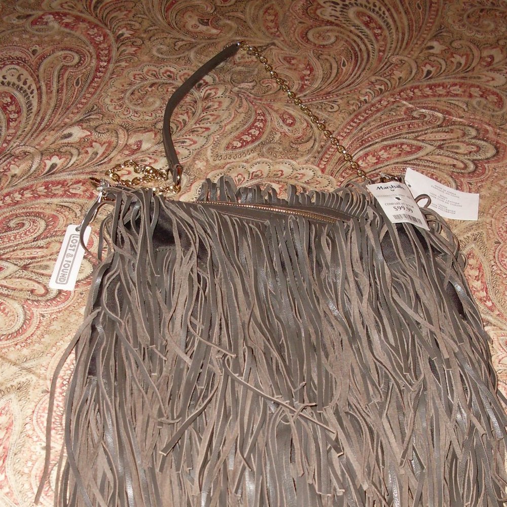 Gray Leather Fringed Cross-body Handbag NWT